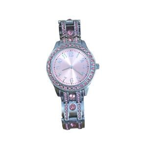 Ladies Quartz Watch Pink Crystals Japan Movement Stainless Steel Bracelet